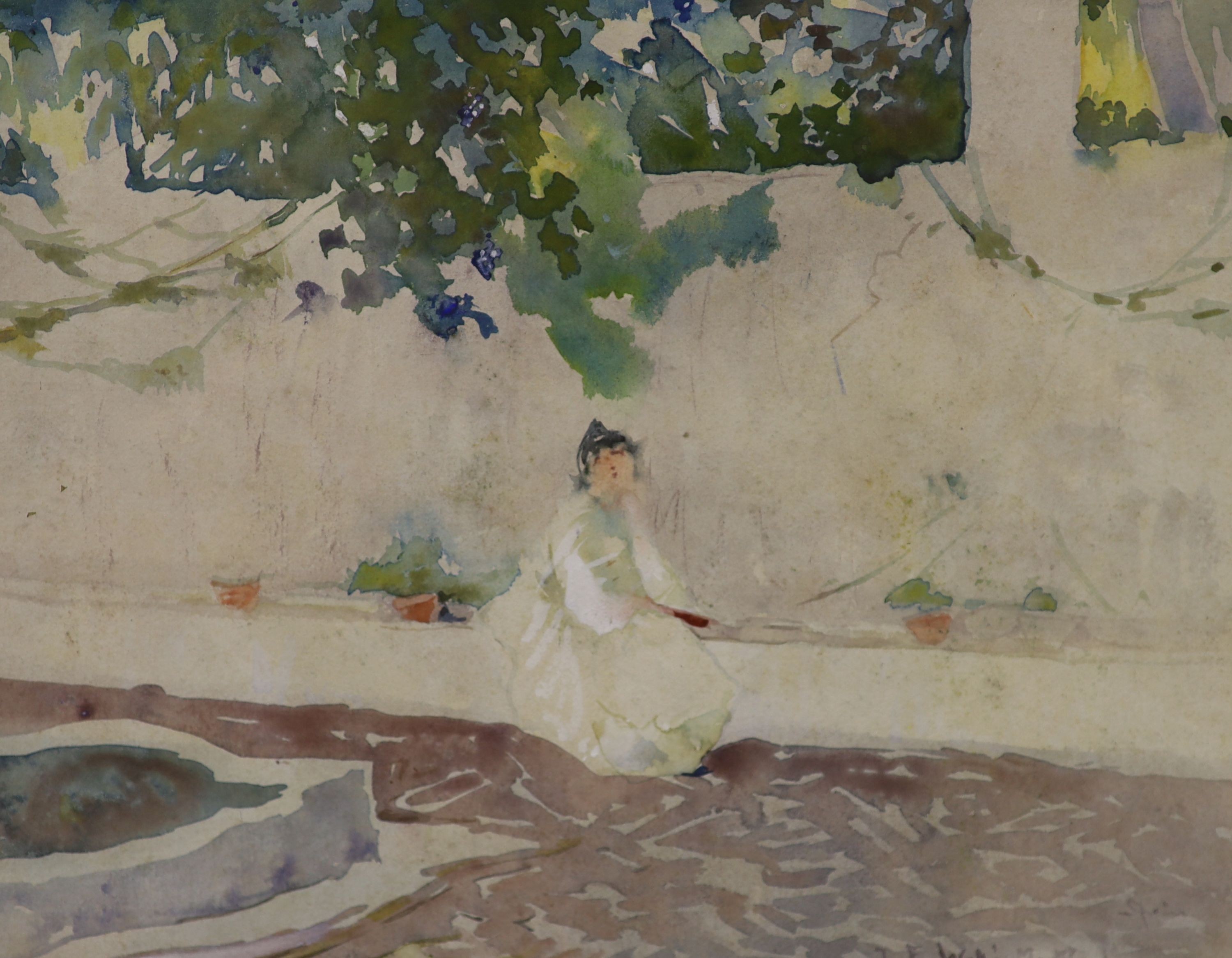 T F Wallis Mittel, watercolour, Woman seated in a courtyard, signed, 20 x 26cm.